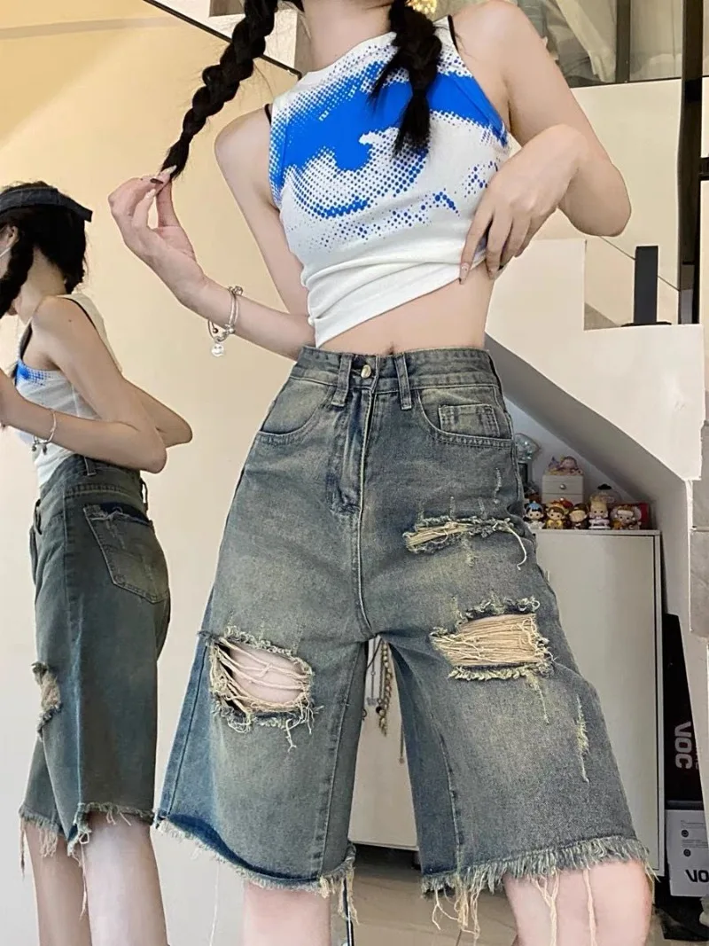 

American High Street Personality New Popular Mid-length Denim Pant Sexy Vintage American Hole Punk Trousers Tassel Girl Short