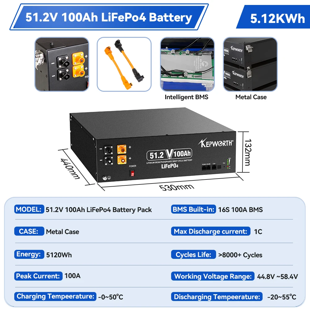 LiFePO4 Battery Pack 48V 100AH 51.2V 5.12KW Lithium Battery 8000+ Cycles With BMS 100A For Home Solar Off-Grid LiFePO4 EU STOCK