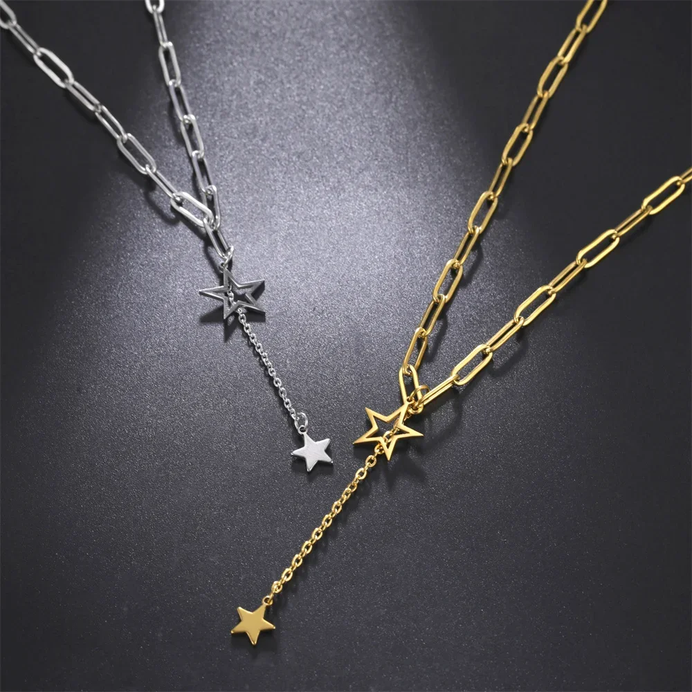 Skyrim Doppel Stern Geometrische Quaste Hängen Anhänger Halskette Edelstahl Gothic Punk Kette Mode