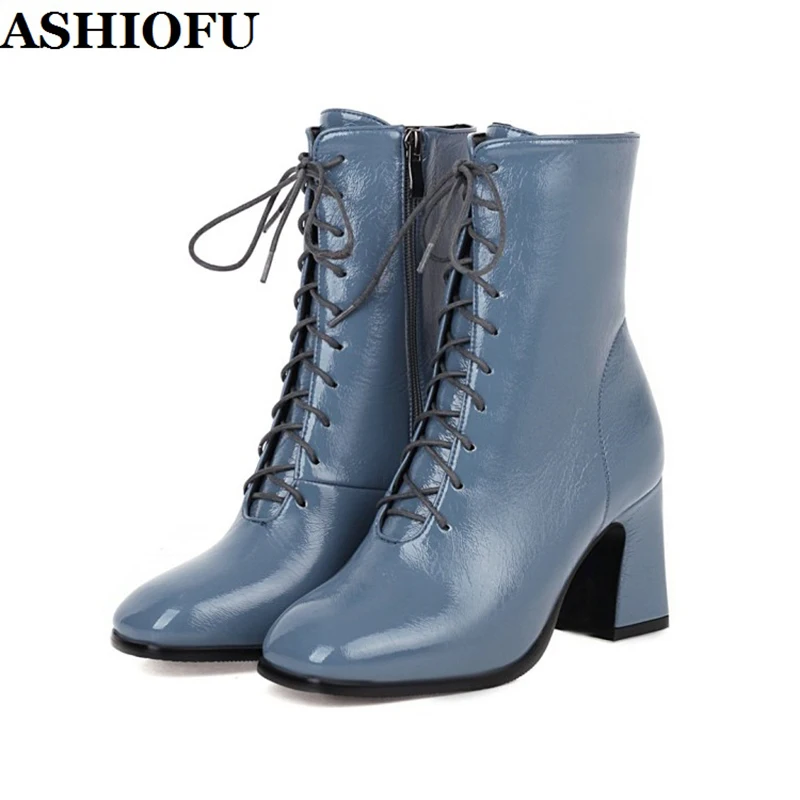 

ASHIOFU New Arrival Ladies 8cm Thick Heels Boots Cross-shoelace Sexy Party Ankle Boots Side-zipper Evening Club Fashion Boots