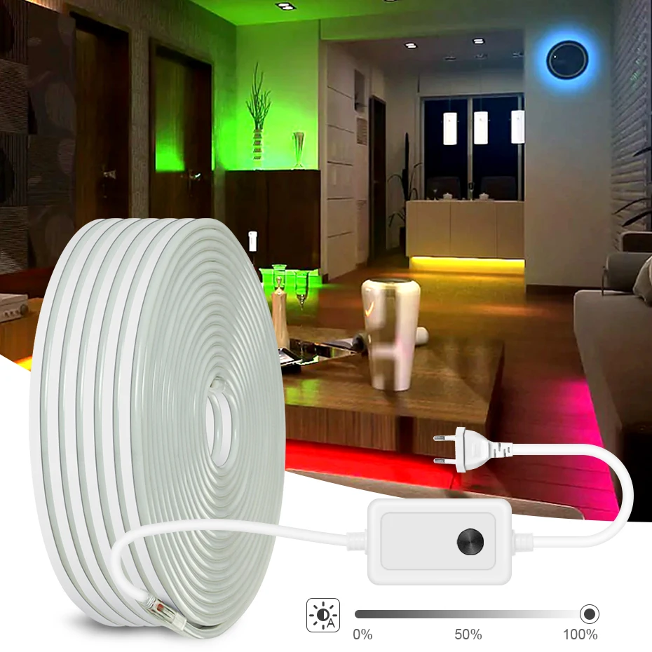 

220V 7 Colors Waterproof Neon Light With Dimmer Outdoor Flexible Led Neon Strip 20m 30m 50m 120Leds/m Dimmable Led Tape Lamp