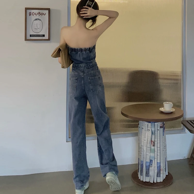 Seksowny kombinezon dżinsowy na ramiączkach damski, luźny, długie spodnie, wysoki stan, proste nogawki, cienka wersja, styl koreański, do pracy.