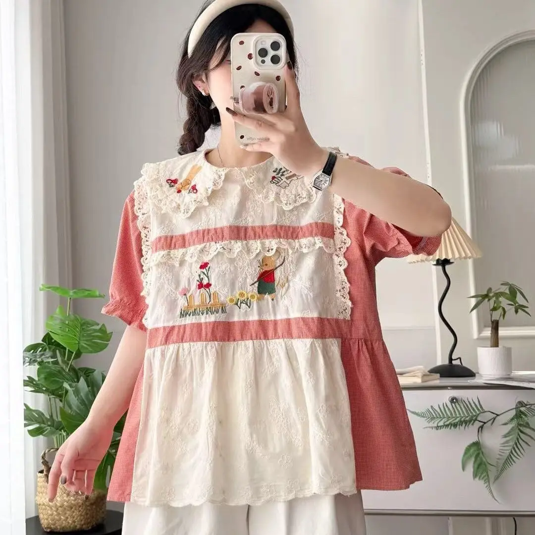 

Mori новая свежая вышивка, кружевная милая кукла, свободная кружевная летняя рубашка с короткими рукавами, топ с пузырьками, женская рубашка