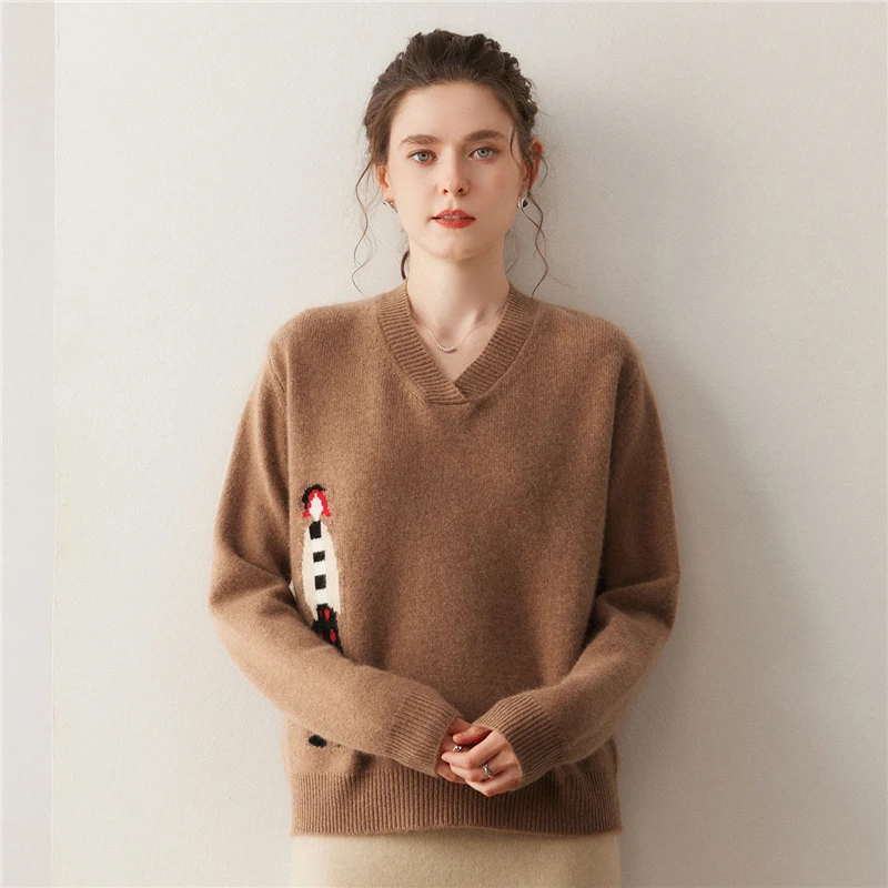 2025 outono/inverno nova camisola feminina 100% cashmere com decote em v de malha com capuz engrossado quente macio camisola com capuz feminino