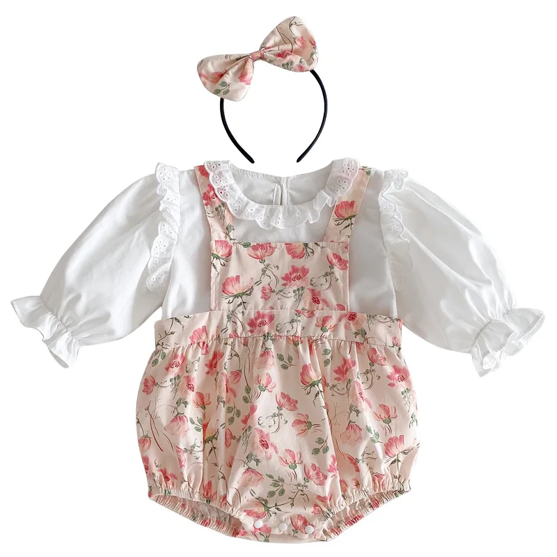 2024 Spring Autumn Baby Girls 2PCS Clothes Set Ruffle Solid Cotton Shirts Flower Printed Strappy Romper Suit Toddler Girl Outfit