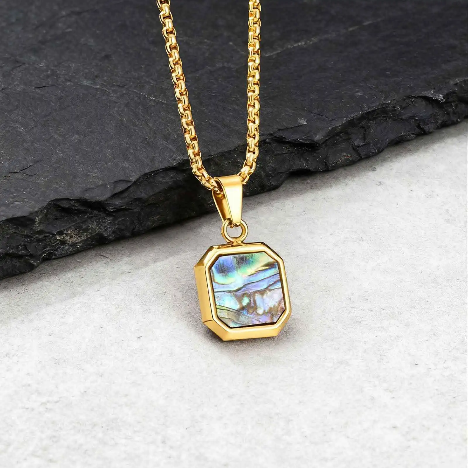 Trendige Herren-Halskette, quadratische Abalone-Muschel-Edelstahl-Halskette, Geburtstagsfeier, Vater-Schmuck, Geschenk – Detail 5