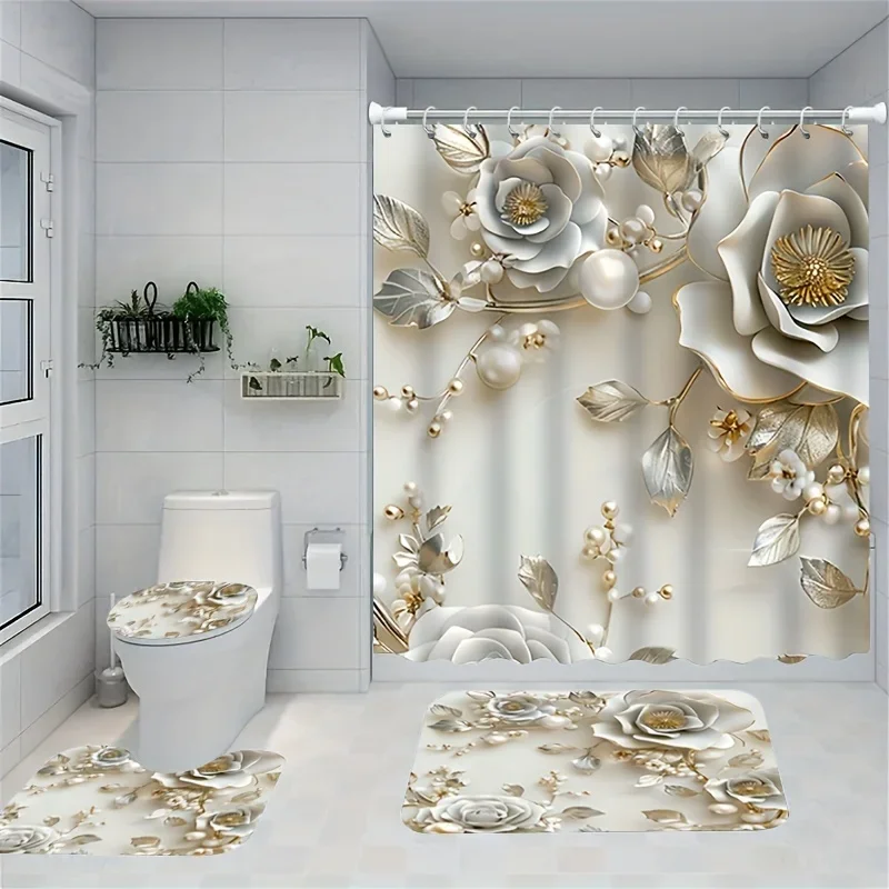 

4 шт., набор занавесок для душа с жемчужным цветочным узором, занавеска для душа с 12 крючками, нескользящий коврик для ванной, U-образный коврик для унитаза, коврик для унитаза
