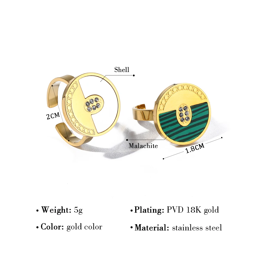 YACHAN 18K Gold Plated Geometric Stainless Steel Rings for Women Shell Malachite Trendy Zircon Luxury Jewelry