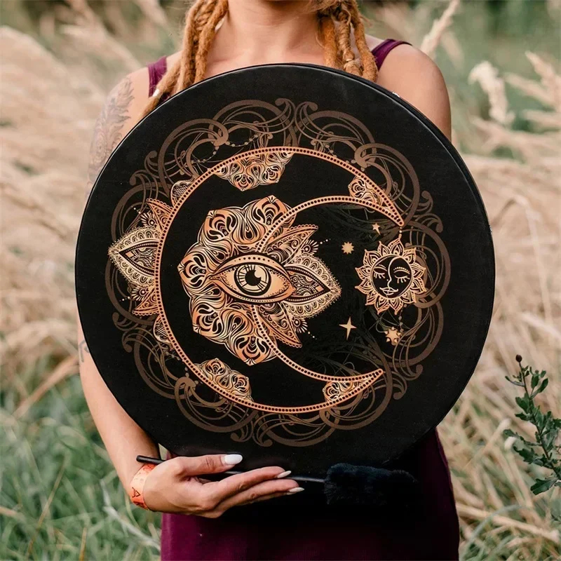 طبلة شامانية 10 بوصة طبلة يدوية مع مضرب معالج الصوت طبل شامان للموسيقى الروحية والانعكاس والتأمل واليوجا