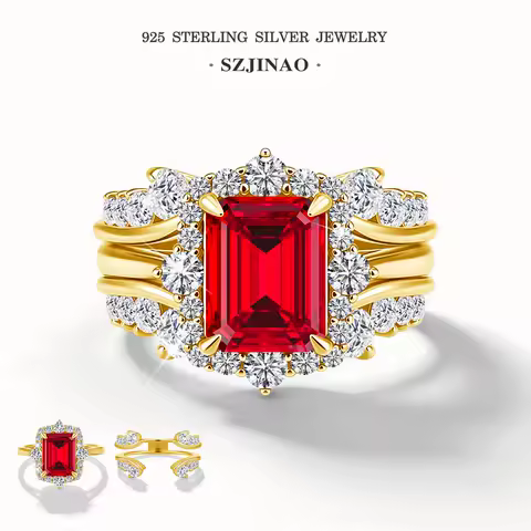 Emerald Cut Ruby 2pc Ring Set Solid Sterling Silver 3CT D Color Moissanite Stackable Ring Luxury Wedding Jewelry for Women Bride