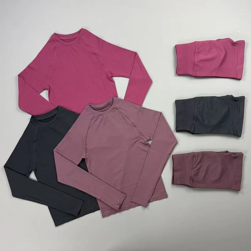NCOYOE 2-teiliges Sport-Set mit langärmeligem Oberteil für Damen, atmungsaktive, schmale Shorts, nahtloser Yoga-Trainingsanzug, Fitness- und Laufbekleidung für das Gym