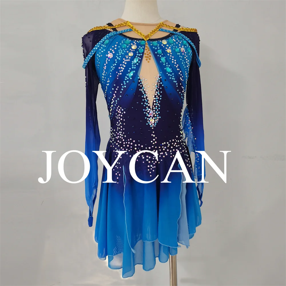 JoyCan Ice Figure Skating  Dress Girls Blue Spandex Stretchy Competition Dance Wear Customized