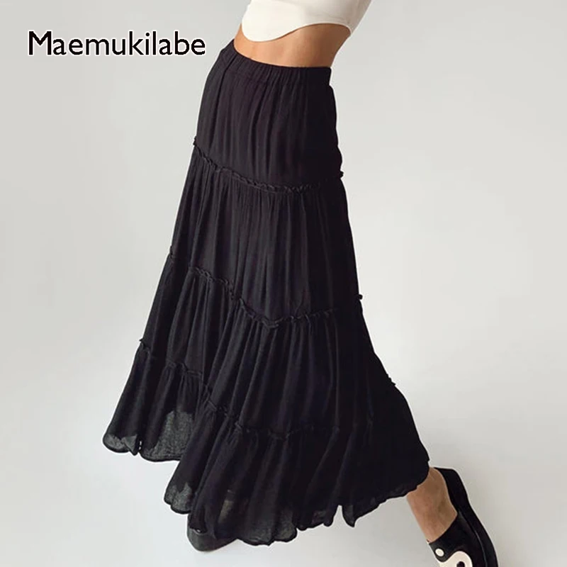 

Maemukilabe Retro Fairy Pleated Maxi Skirt Vintage Grunge Edible Tree Fungus High Waist Long Skirt Women Y2K Cottage Streetwear