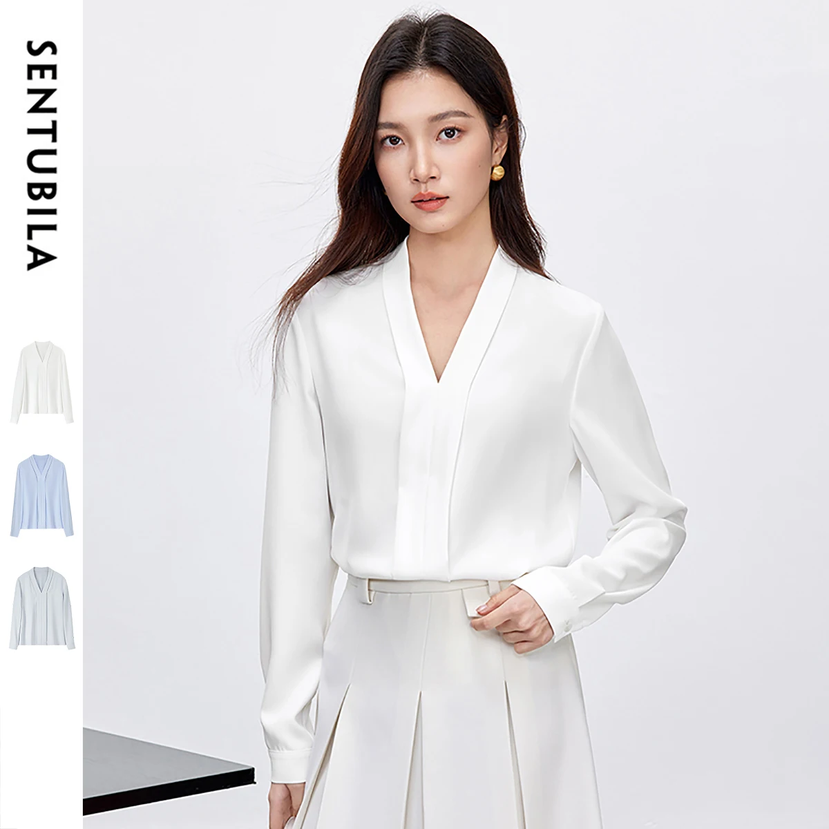 

SENTUBILA Chiffon White Blouse For Women 2025 Long Sleeve V Neck Elegant Work Wear Simple Solid Woman Clothing 151C58907