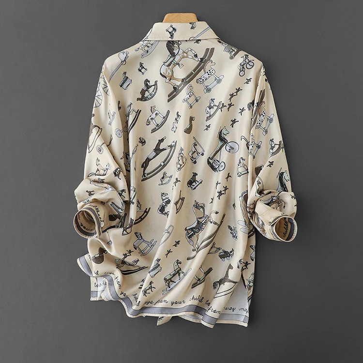 FANIECES Vintage Wooden Horse Print Women Shirts Autumn Long Sleeve Lapel Apricot Casual Blouses ZA Tops חולצות נשים 2024 bluse