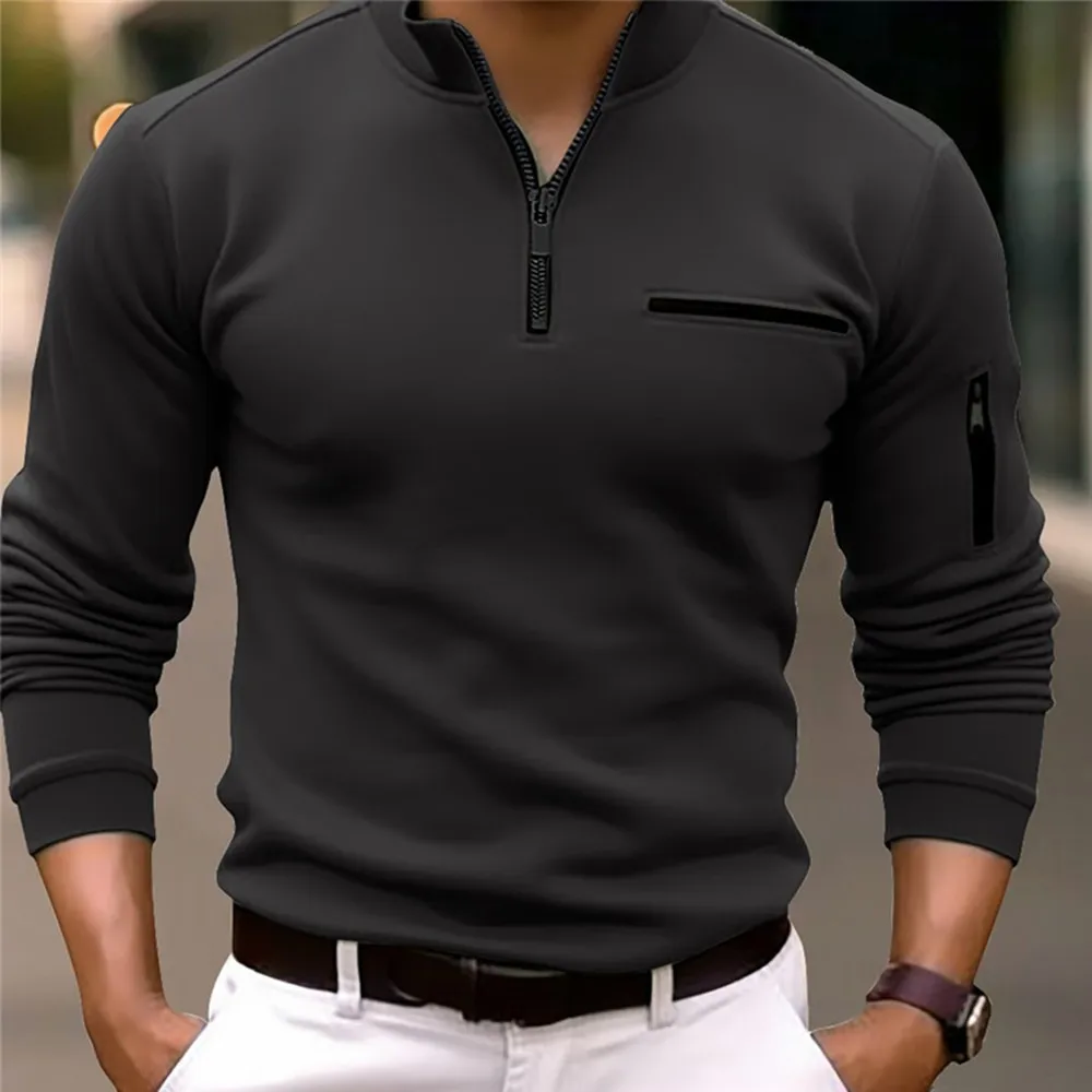 Spring Autumn Men\'s POLO Shirt Solid Color Zipper Everyday Casual Classic Comfort Fake Pockets High Quality Long Sleeve Tops