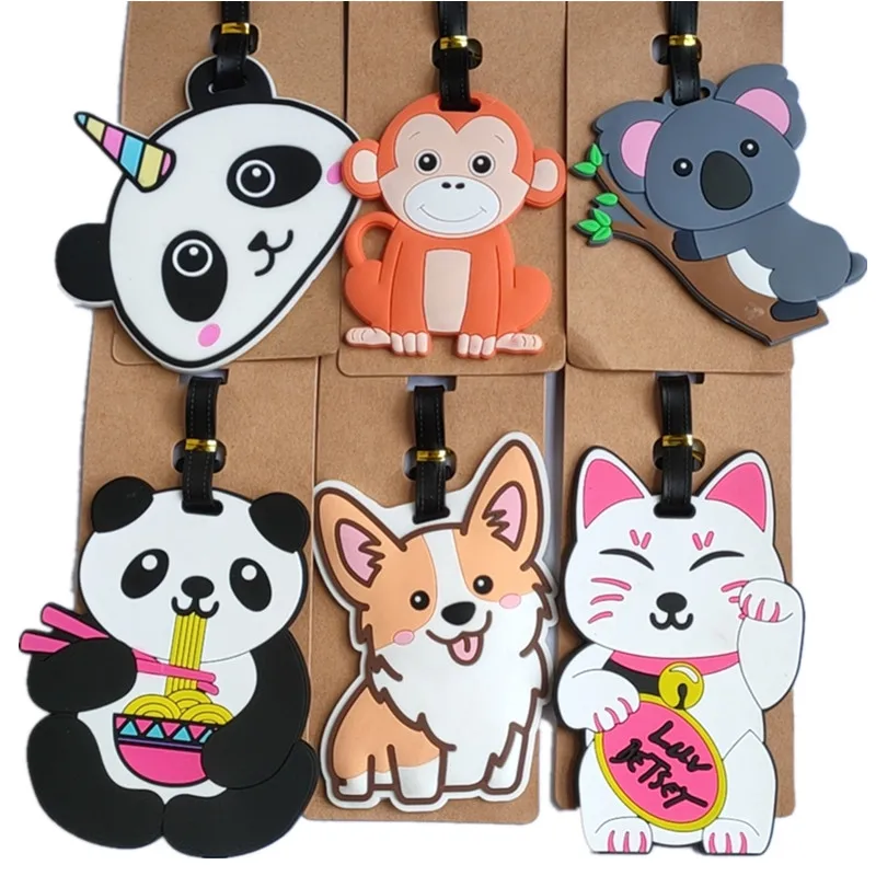 Etiquetas de equipaje de dibujos animados (mono, koala, gato), soporte para maleta, accesorios de viaje, etiqueta de identificación y dirección, etiqueta portátil de gel de sílice, etiqueta de equipaje para perro