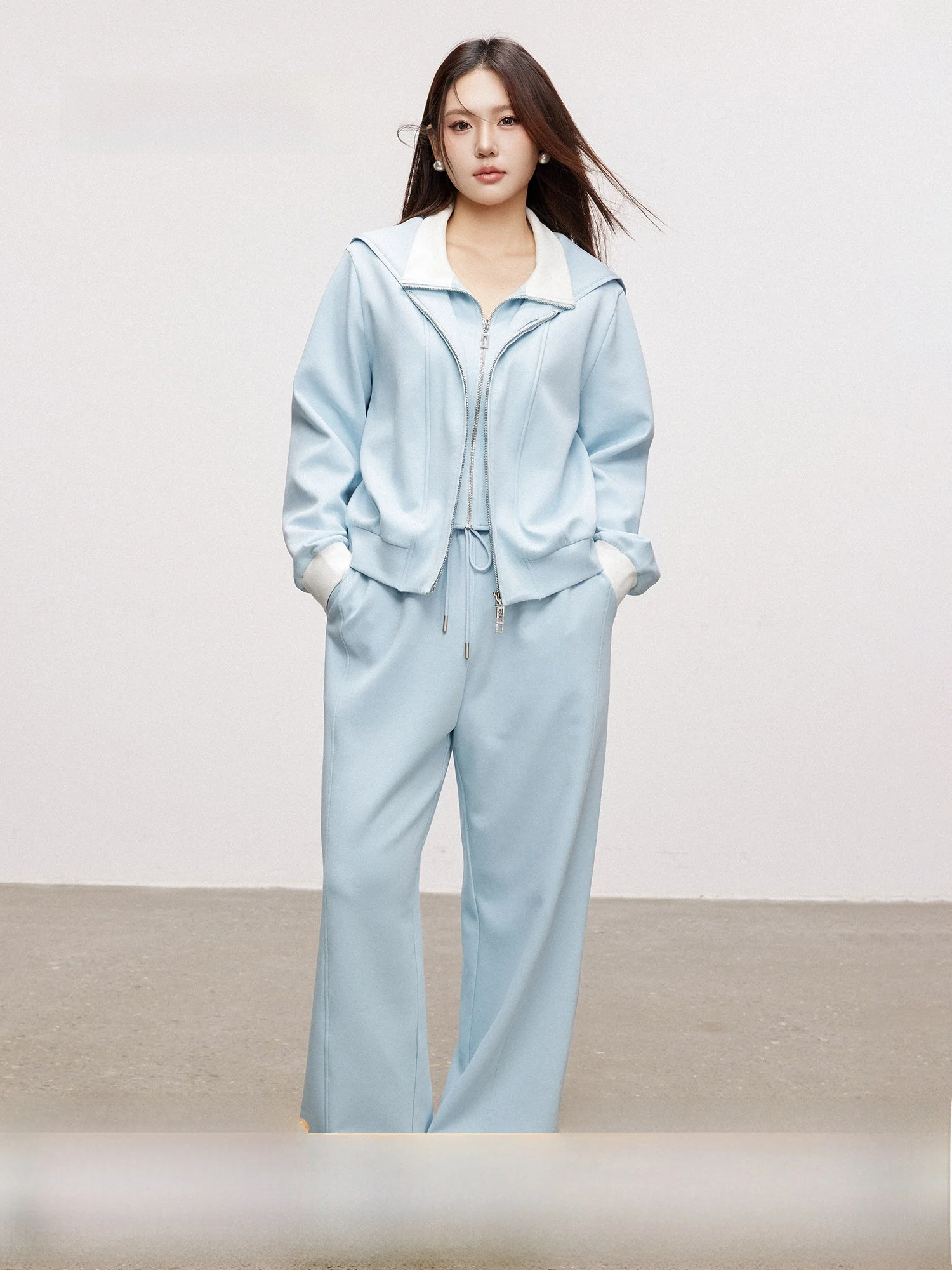 

Plusmall Mist White Blue Island Refreing Oxygen Knitted Two-Piece Set Color Blo Air Layer Sweatirt Ensemble for Women