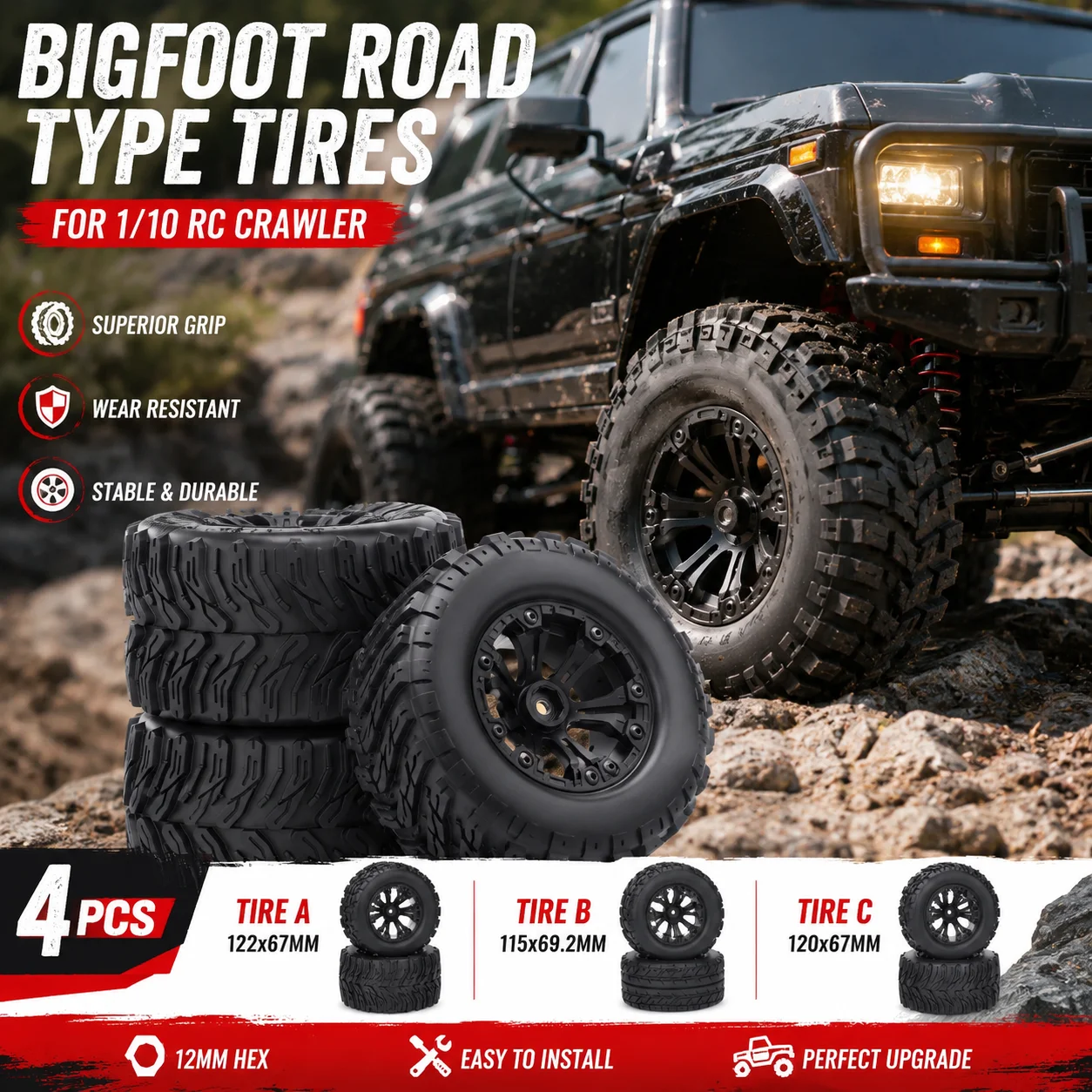 4Pcs Rubber Tires 115/120/122mm RC Car Wheel Tyres 12mm Hex for 1:10 Trx4 Axial Scx10 Wraith Redcat HPI RC Crawler Upgrade Parts