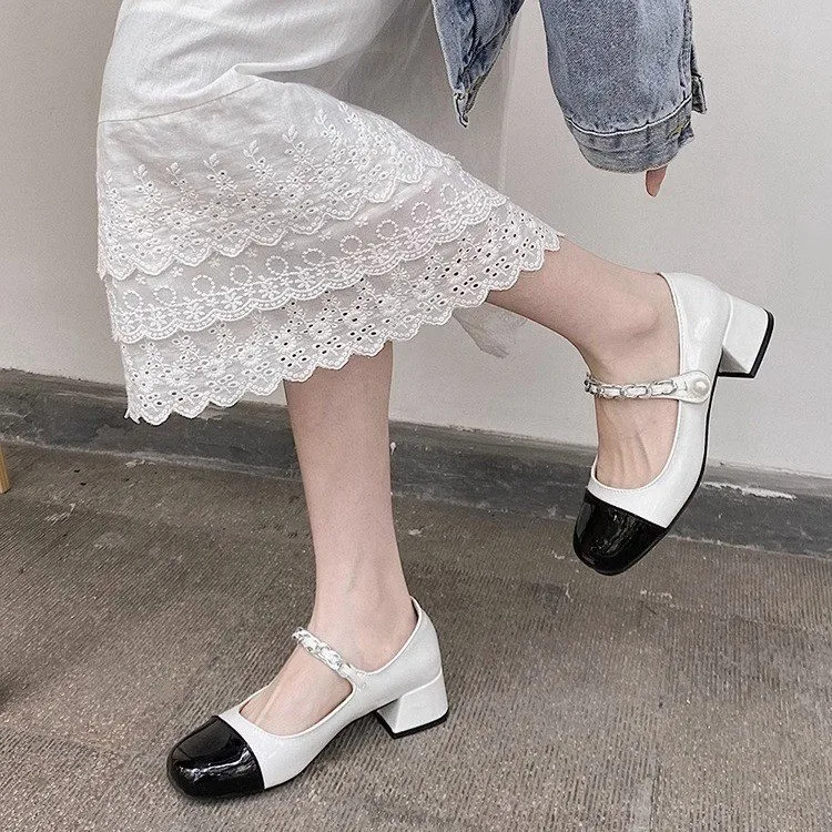 2025 Spring New Women's Mary Jane High Heels Autumn French Retro Style Colorblocked Thick Heel Round Toe Single Shoes for Women