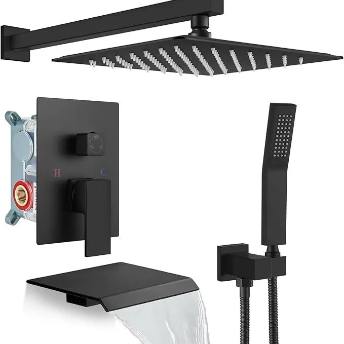 Brass Concealed Shower System With Jet & Massage Spray 10 Inch Rainfall Head Dual Handle Matte Black Set Luxury Bathroom - view 2