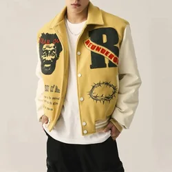 Men Varsity Jacket Vintage Patchwork Baseball Jacket Streetwear Letter Print Casual Bomber Jacket for Autumn Winter