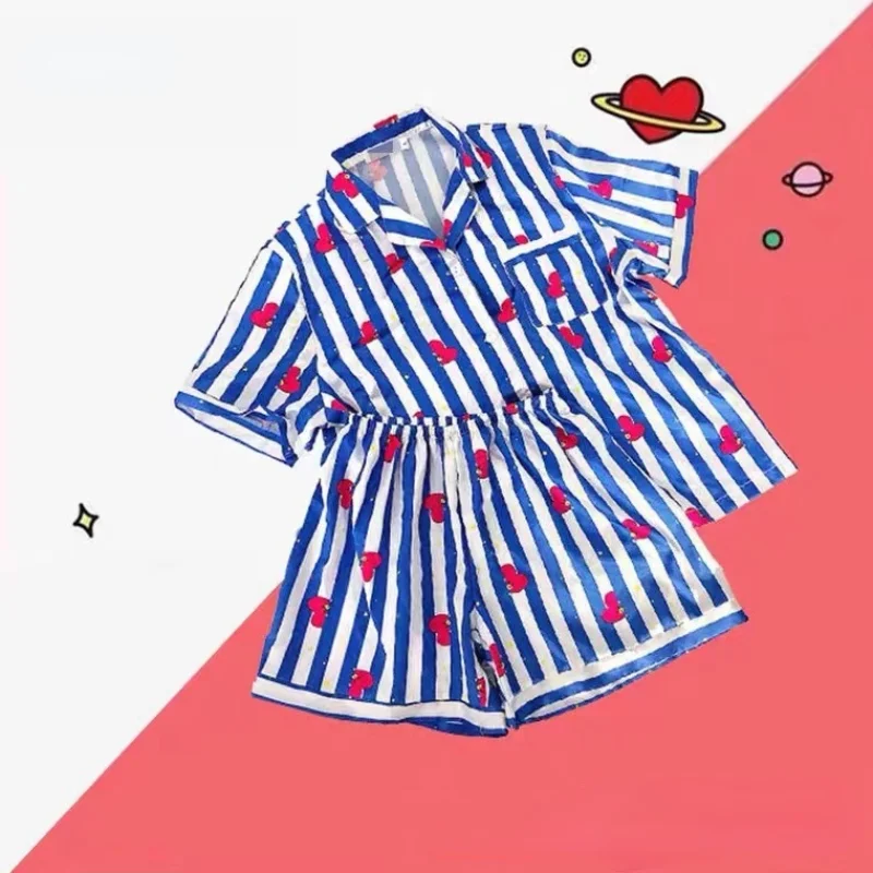 Women Pajamas Striped Spring Summer Cartoon Print Sleepwear Kawaii Cute Nightwear Loungewear Clothing Sets Comfortable Home Wear