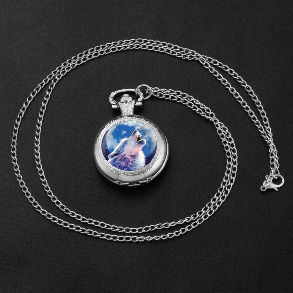 Vintage Route Moon Wolf Pattern Pocket Watch Women Men Fashion Quartz Necklace Pendant World Time Display Electronic Movement