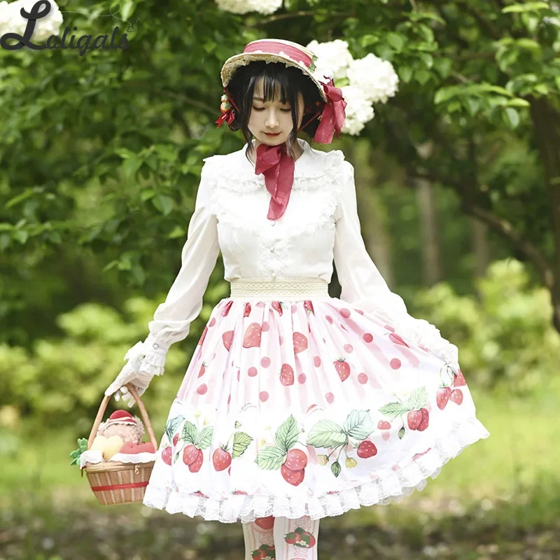 Sweet Short Pink Skirt Mori Girl Strawberry Printed A line Lolita Skirt