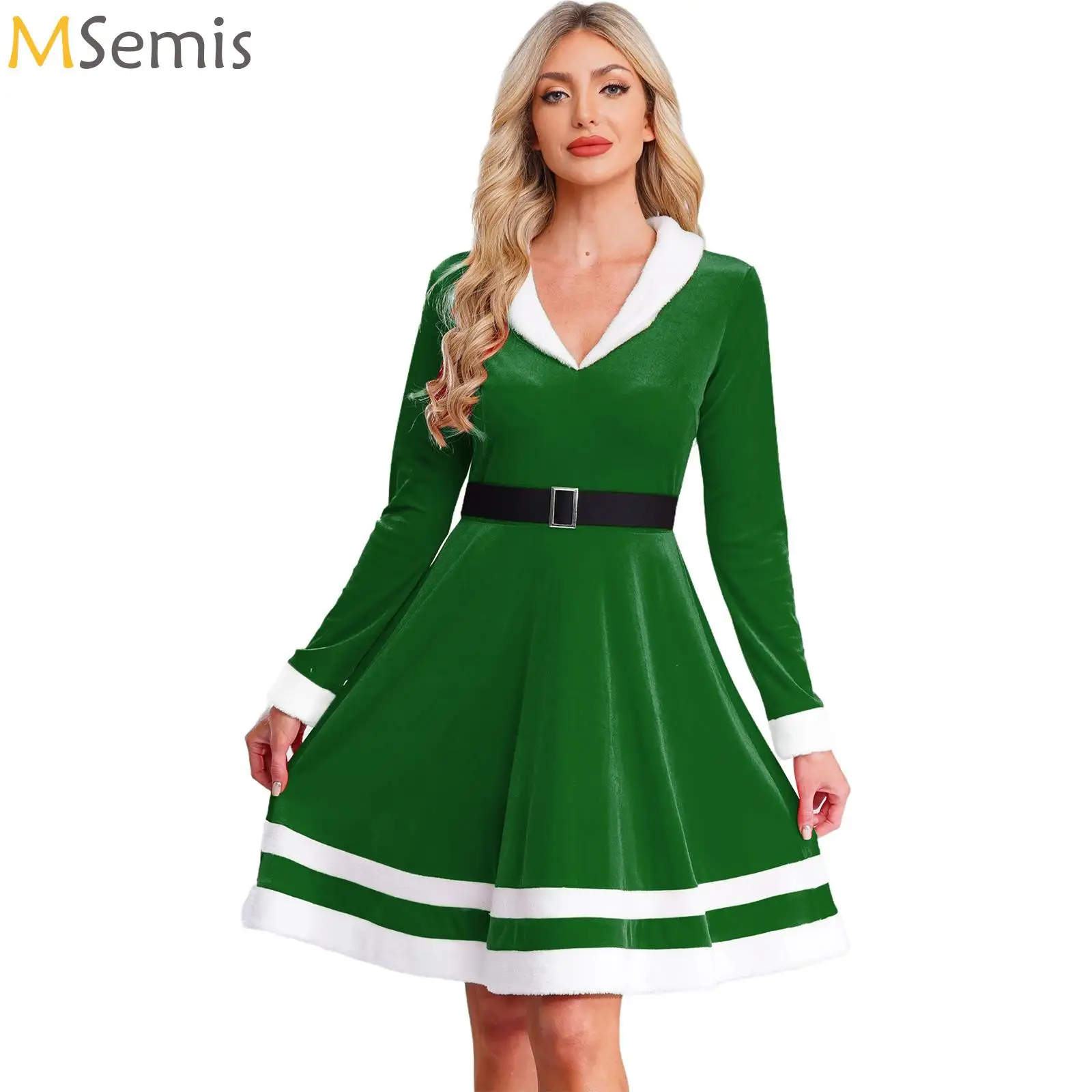 

Sexy Christmas Dress Santa Claus Cosplay Costume Women Red Green Short Gown Party Xmas New Year Robe Fancy Festival Velvet Dress
