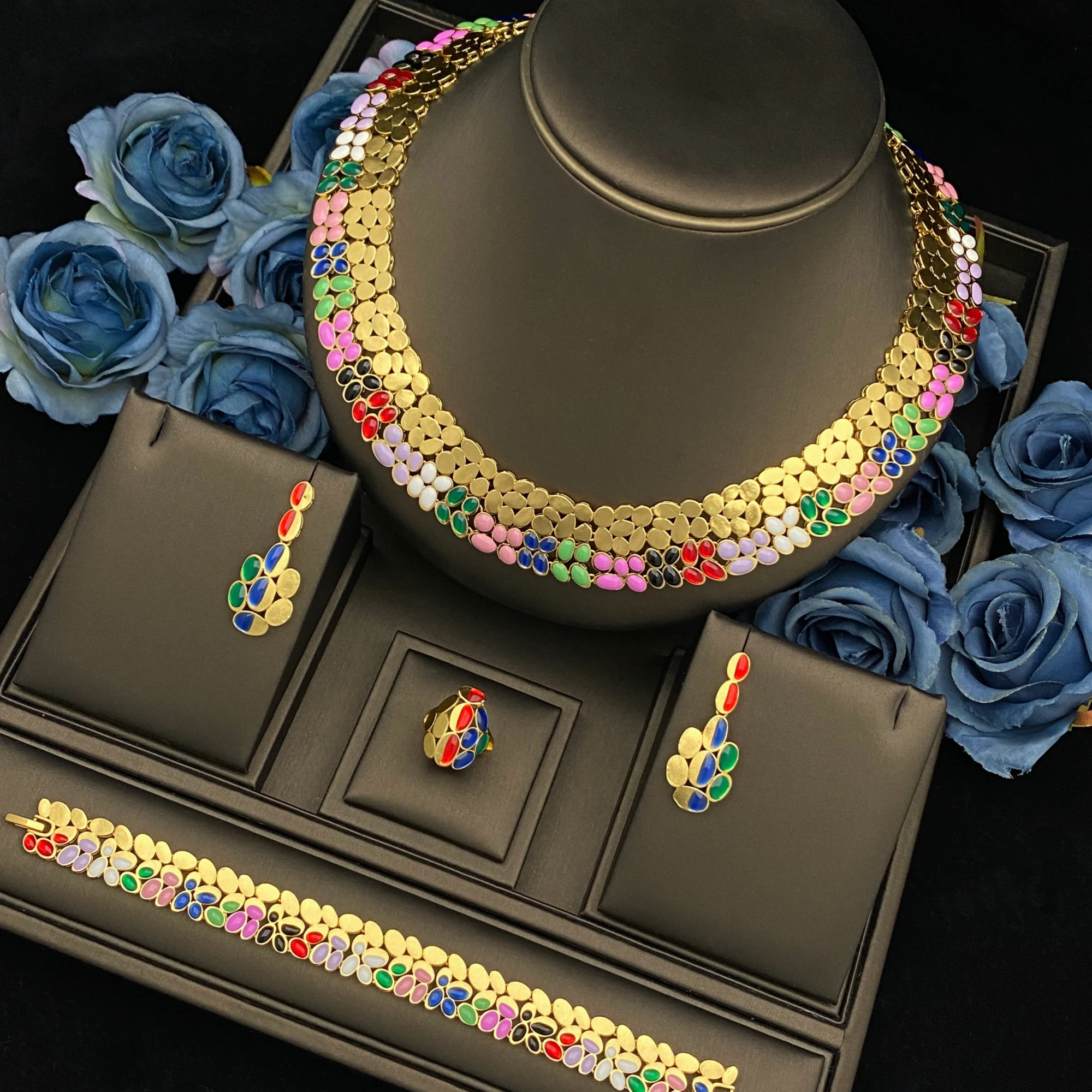 

Роскошные женские ювелирные изделия, комплект из 4 предметов, ожерелье, серьги, кольцо, браслет, модный позолоченный подарок для Дубая, Саудовских женщин, вечерние украшения