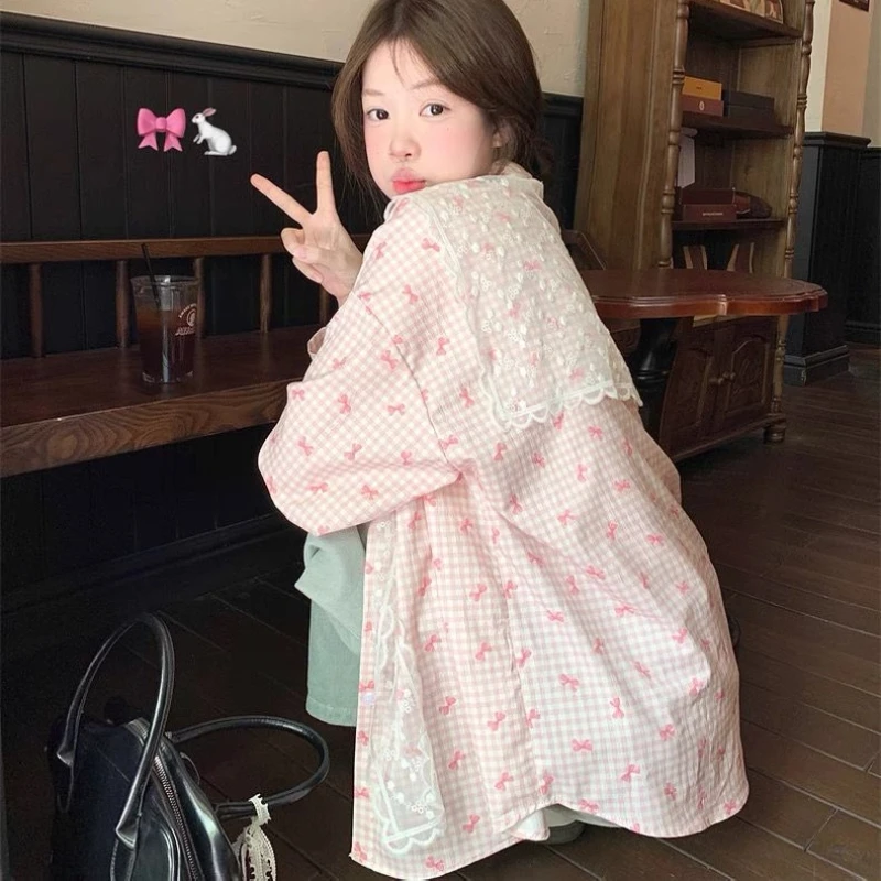 Camicetta giovanile carina allentata con stampa dolce fiocco Primavera Estate Nuova camicia a maniche lunghe con collo a polo Top Trend Abbigliamento donna pigro