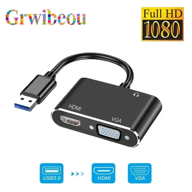Adaptateur convertisseur Audio-vidéo VGA 1080P 2 en 1, USB 3.0 vers HDMI, pour PC, ordinateur portable, projecteur, MacBook, Windows 7/8/10 OS