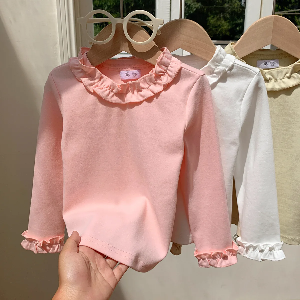 Autumn Kids Girls Long Sleeve Solid Ruffle Collar Children Girls Undershirts Sweet Candy Color Girls Tops