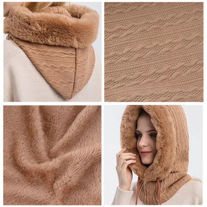 Winter Fur Cap Mask Set Hooded for Women Knitted Cashmere Neck Warm Balaclava Ski Windproof Hat Thick Plush Fluffy Beanies Hood