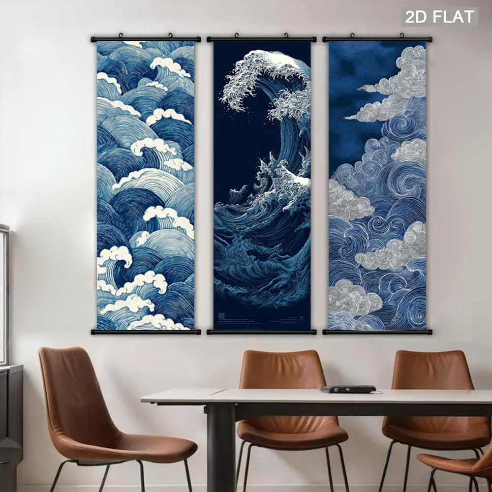 Japanese Wave Scroll Tapestry Ukiyo-i Blue Ocean Xiang Hanging Painting Poster Decoration Living Room Home Room Decoration