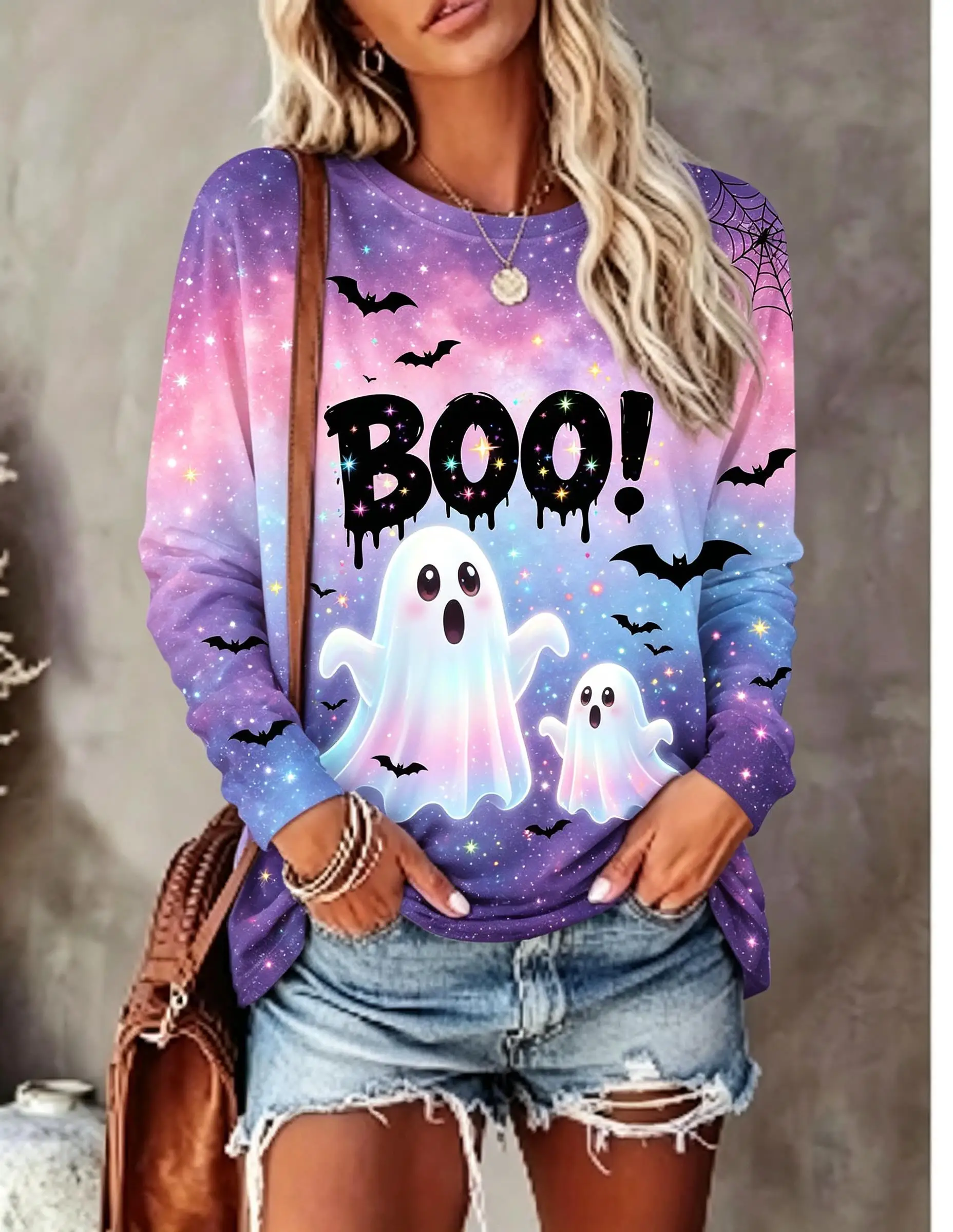 Women Halloween Long Sleeve T‑Shirt Pastel Candy Skull Bow Cane Bat Print Crew Neck Tops