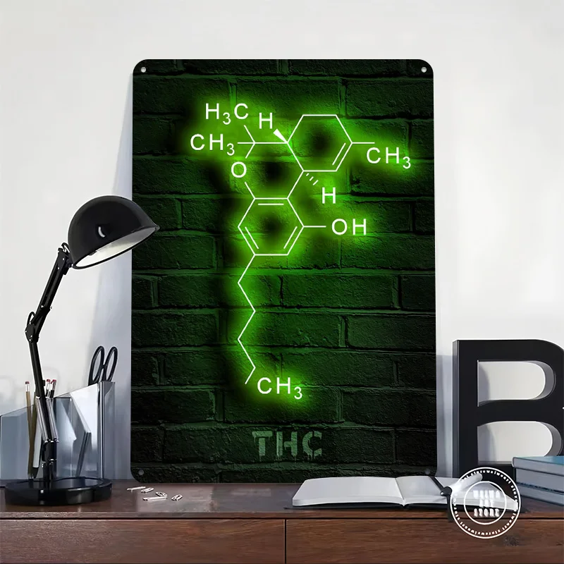 THC Molecule Neon Weed Tinplate Posters Customizable Wall Art Retro Vintage Metal Signs for Home Room Office Decor Wand Deko