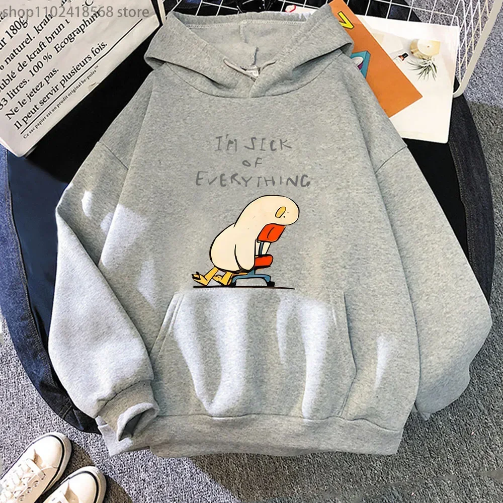 Duck I'm Sick of Everything Hoodies Cartoon Anime Graphic Sweatshirt with Hooded Long Sleeve Casual Y2k Sudadera Women/Men Tops