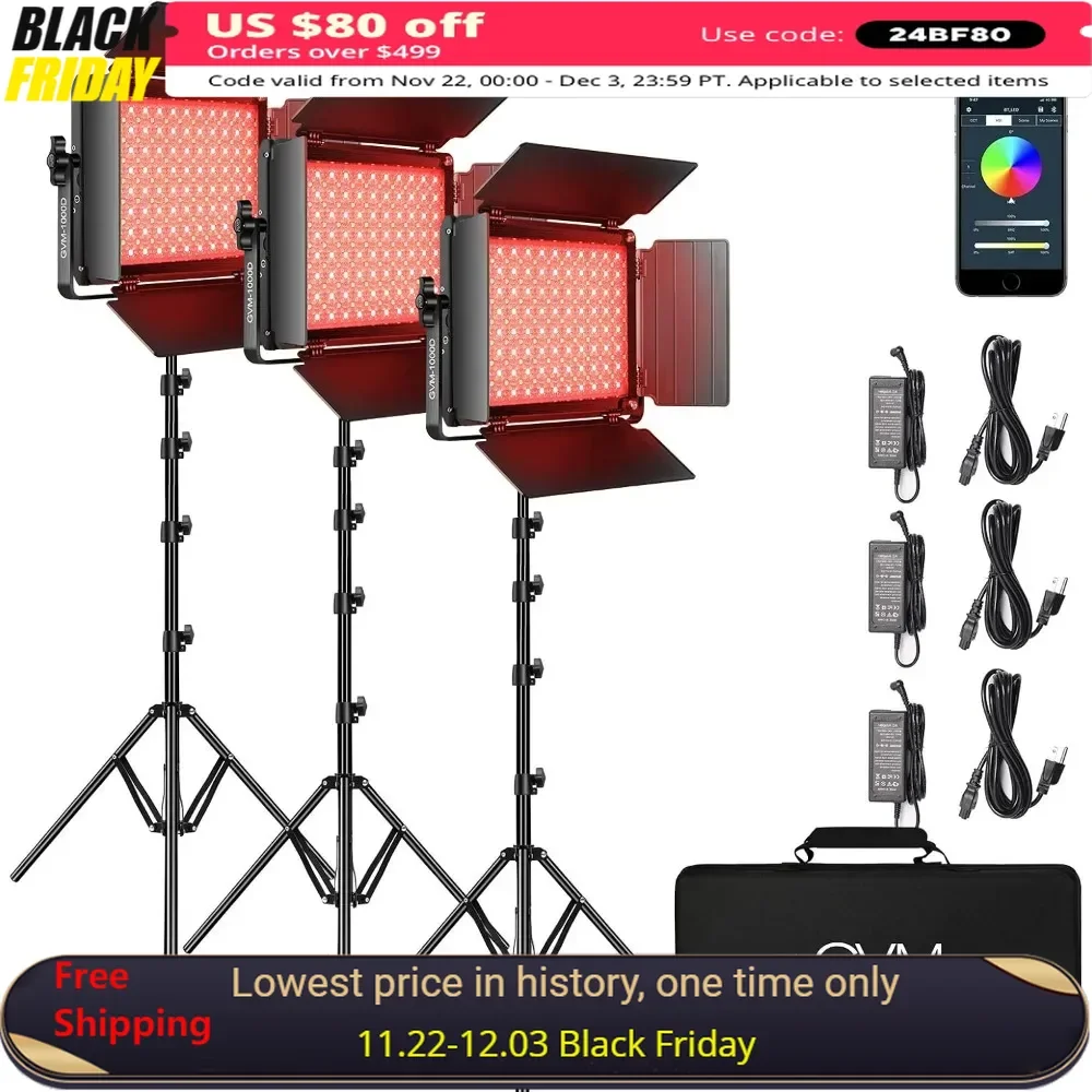 Video Light Panel, 3-Pack 1000D LED Photography Lighting Kit,  w APP Control/Barn Door/Stand, Video Lighting for Video Recording