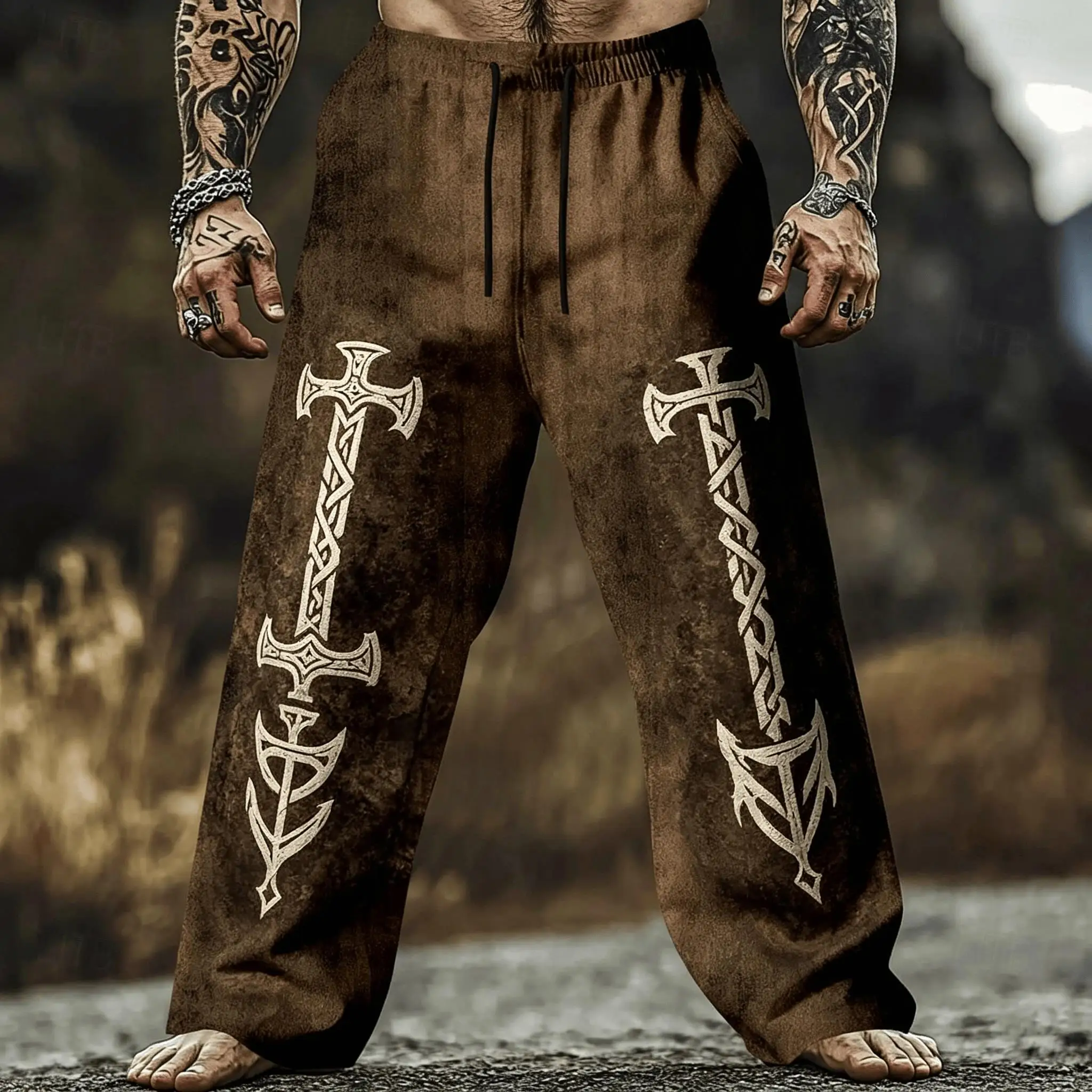 

Men's Vintage Knight Sword Print Drawstring Pants, Casual Tactical Wide Leg Pants for Summer Outings