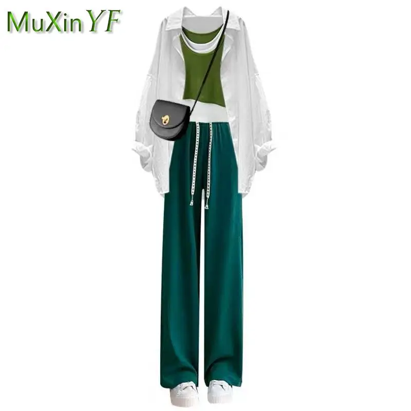 Women\'s Summer Fashion Vest+White Shirt+Wide Leg Pants Three Piece 2023 Korean Elegant New Matching Set Female Tracksuit