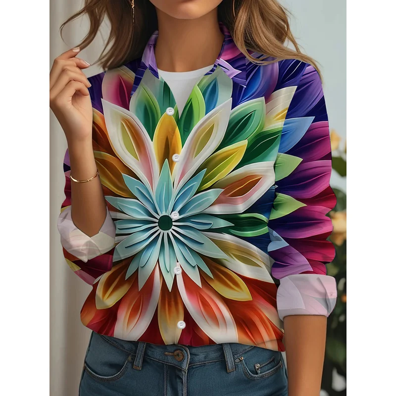 New Women'S Casual Long-Sleeve Shirt with Vibrant Layered Floral Design, Featuring a Clear Gradient Effect