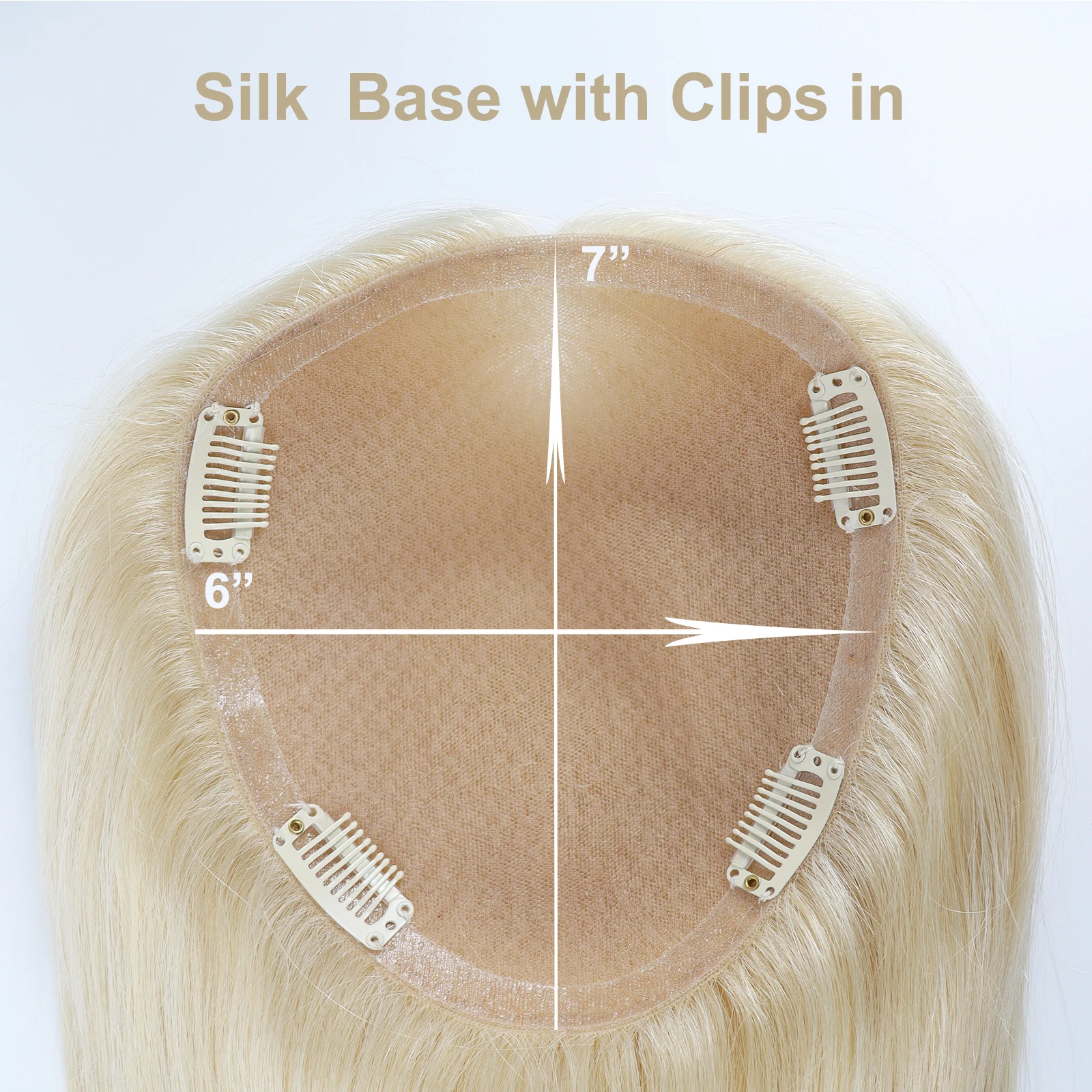 Topper de cabelo humano loiro claro # 613 Base de seda PU ao redor com clipes na mão completa amarrada com cabelo de bebê para mulheres