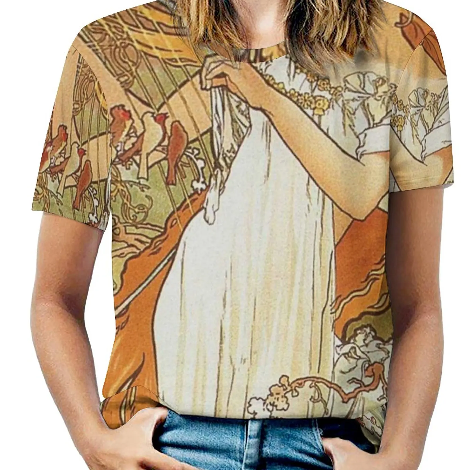 Alphonse Mucha-Spring 1896 Woman'S T-Shirt Spring And Summer Printed T Shirts Crew Neck Pullover Top Girls Hair Fall Yellow