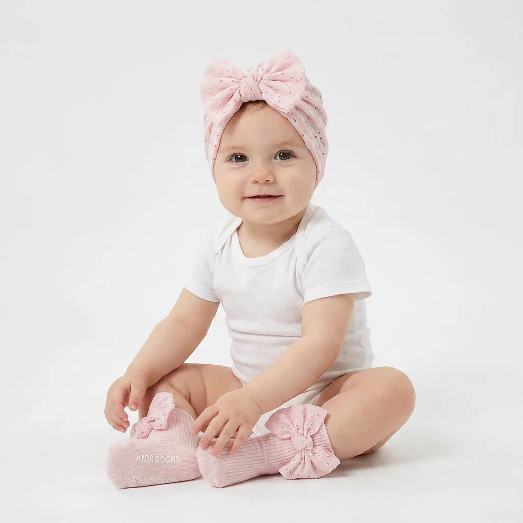 

2Pcs/Set Baby Girl Turban Hat and Socks Set Hollow Out Eyelet Lace Big BowNewborn Infant Toddler Breathable Summer Cap Hots Tops