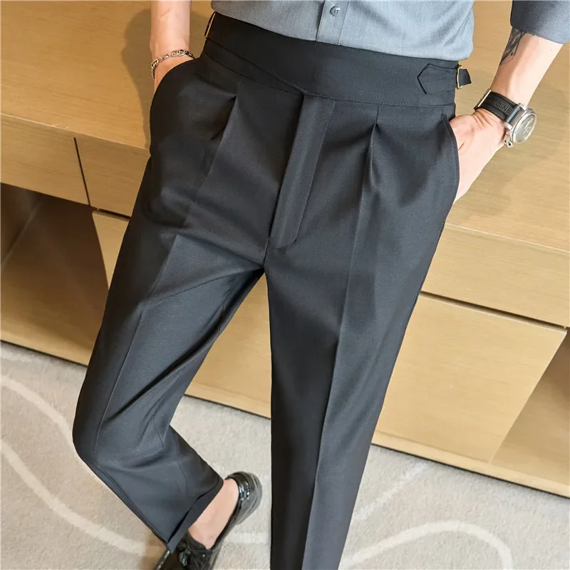 High Waisted Dress Pants 2024 Autumn British Style Solid Casual Trousers Elastic Slim Fit Formal Suit Pants Fashion Men Clothing