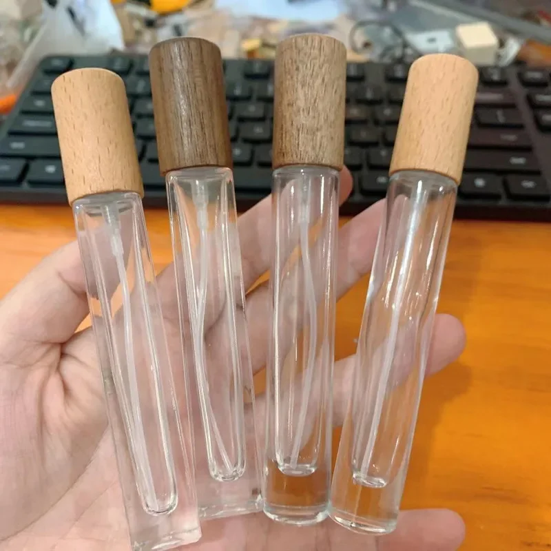 10ml Square Glass Perfume Spray Bottle Sample Thick Glass Vials Portable Mini Perfume Atomizer Wood Cap Round Bottles Wholesale