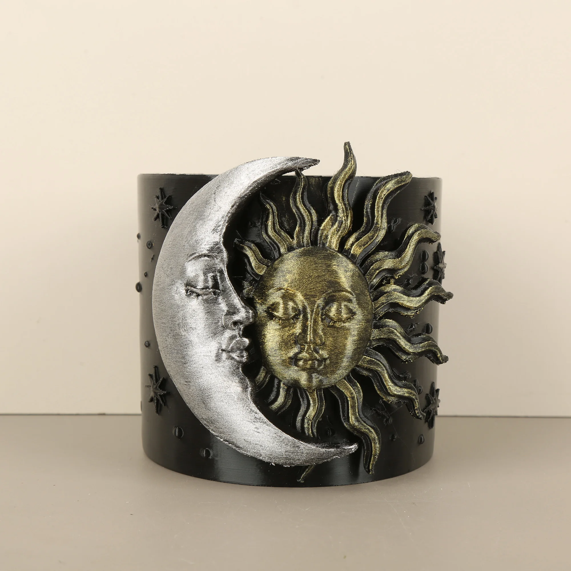 Celestial Sun Moon Pen Holder, Black Plastic Makeup Brush Storage Cup for Office Desk Vanity Witchy Boho Gothic Home Decor