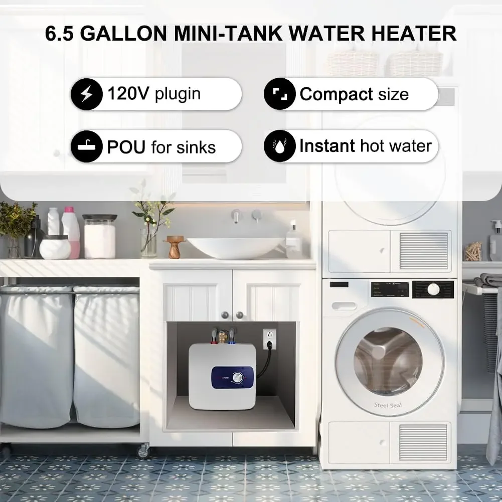 Mini Tank Water Heater Electric, 6.5 Gallons Small Under Sink Water Heater for Point of Use Instant Hot Water 110V